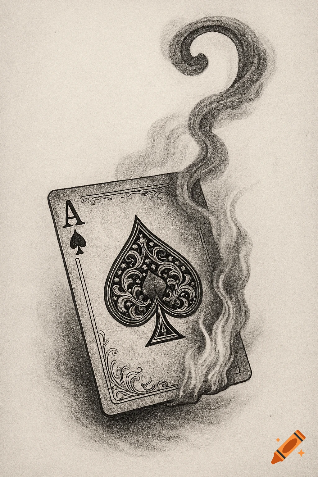 Black and grey tattoo design of an ace of spades playing card, burning with smoke swirling into a question mark.
