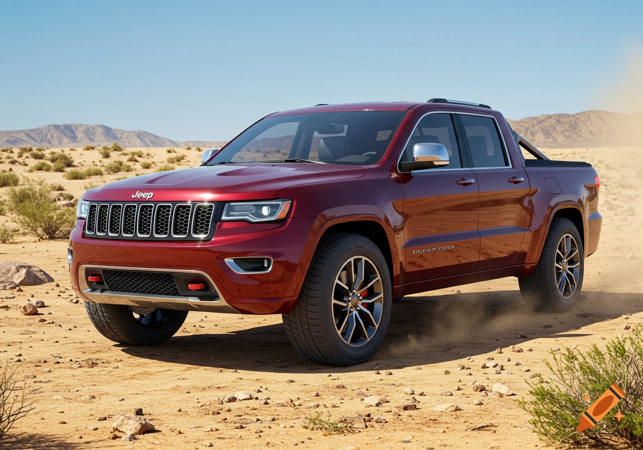 A dark red Jeep Grand Cherokee pickup truck drives on a dusty desert road under a clear blue sky, with mountains in the background.