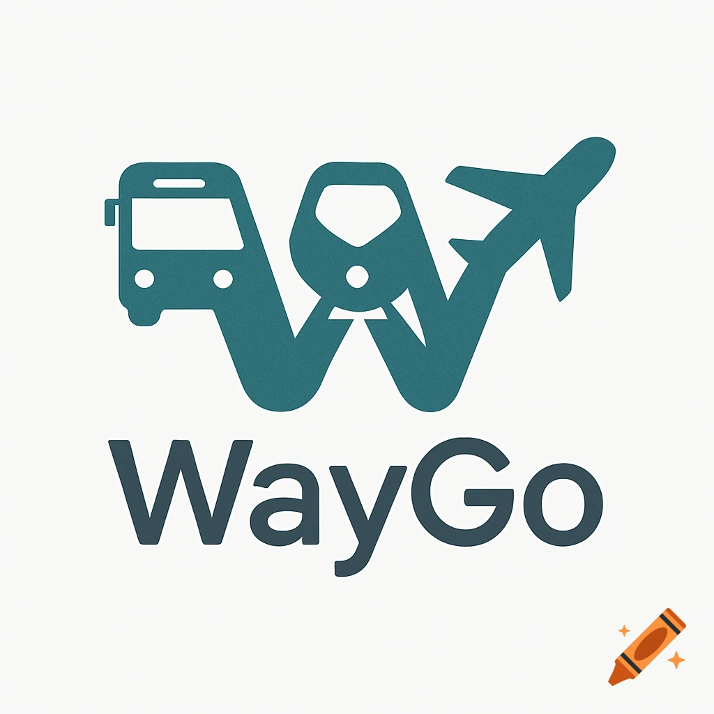 Minimalist WayGo logo with a blue bus, train, and airplane forming a 'W' shape above the text "WayGo" on a white background.
