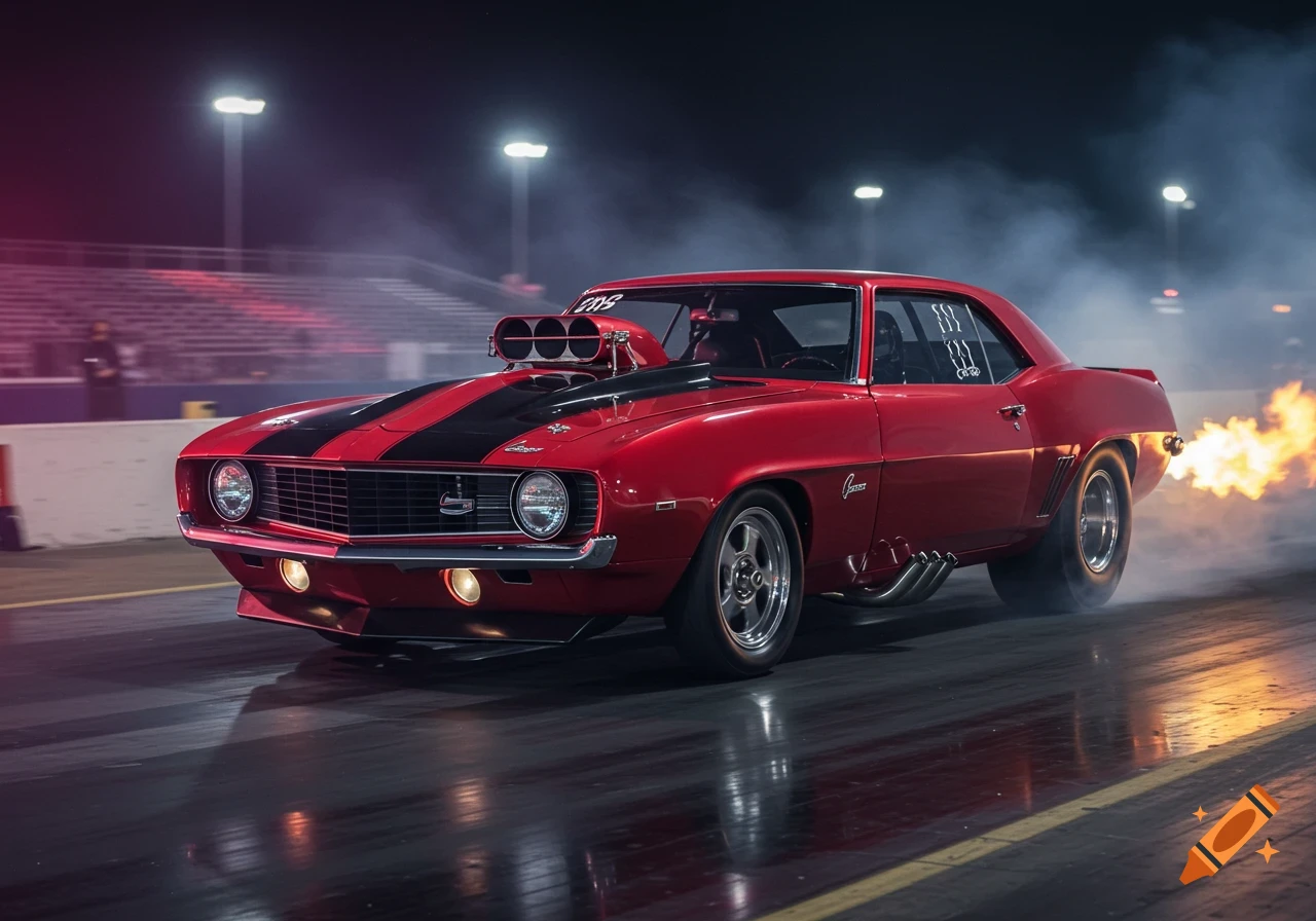 A red 1969 Camaro drag car with black stripes and a supercharger on a wet track at night, with exhaust flames and tire smoke.