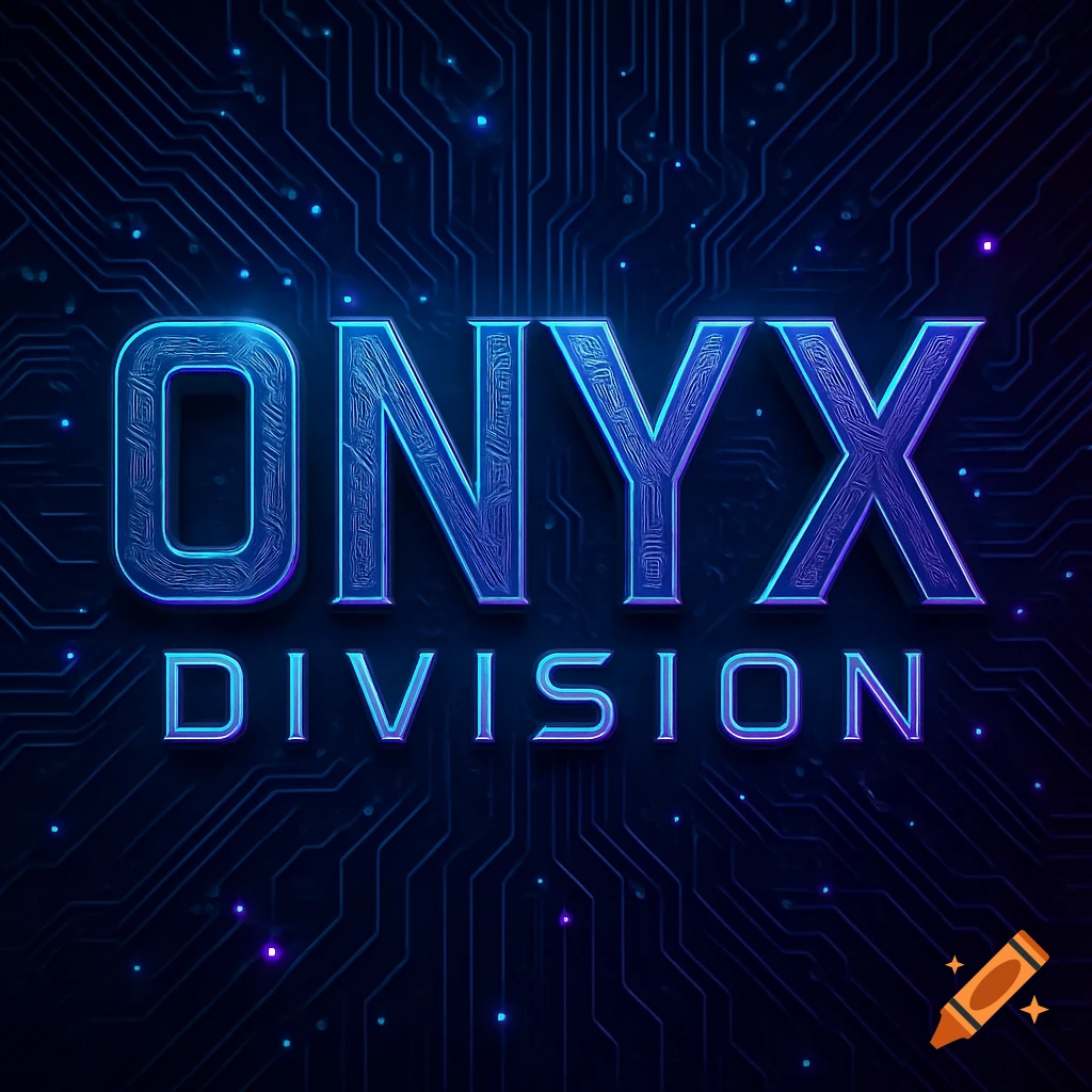 Cyberpunk stylized logo reading 'ONYX DIVISION' in glowing blue and purple text over a dark circuit board pattern.