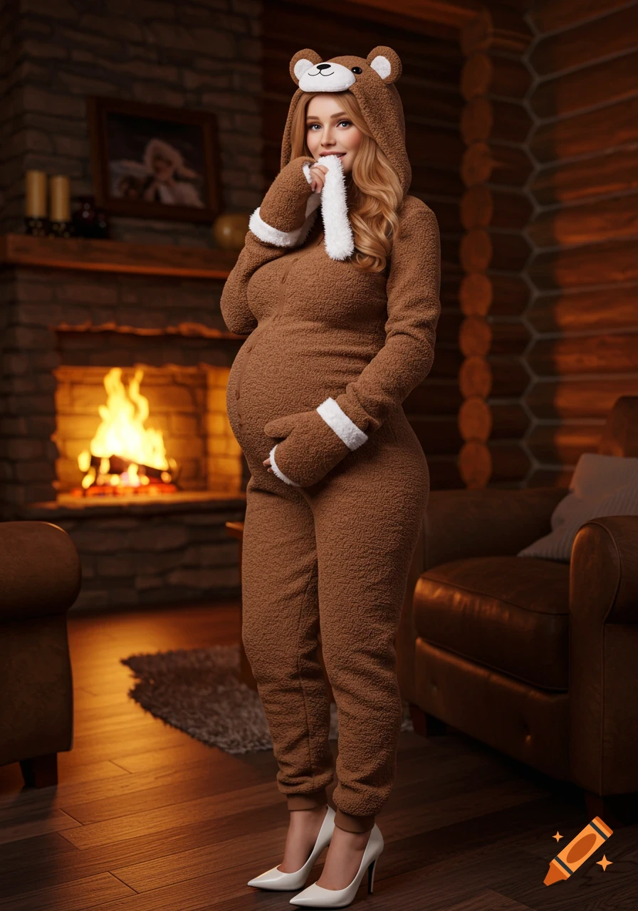 Pregnant woman in a brown teddy bear onesie with white fur trim, posing in a cozy cabin by a fireplace.