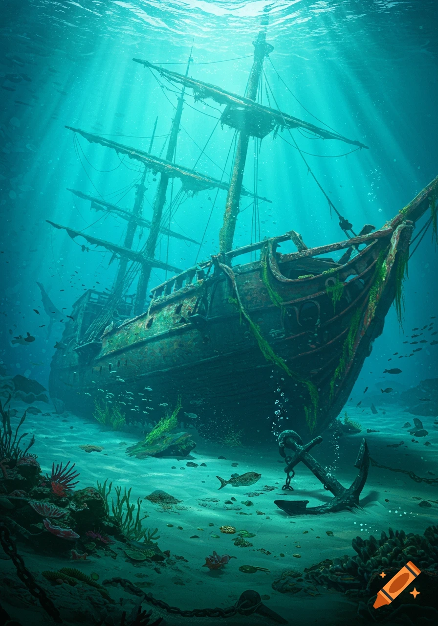 Photorealistic image of a large, moss-covered sunken ship on the ocean floor, with schools of fish and sunlight filtering down.
