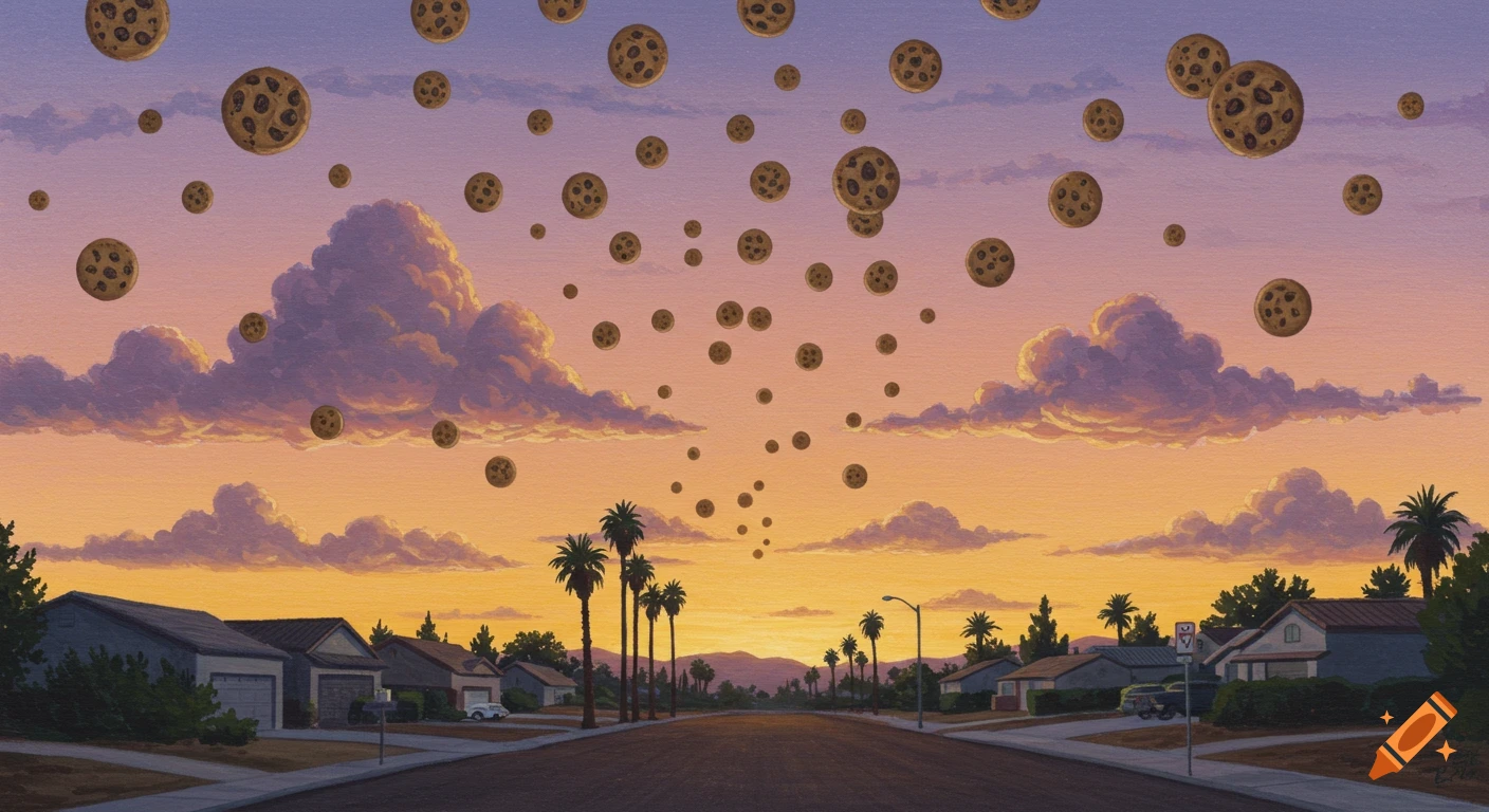A surreal watercolor painting of a warm sunset over a quiet California neighborhood street, with dozens of chocolate chip cookies floating in the sky.