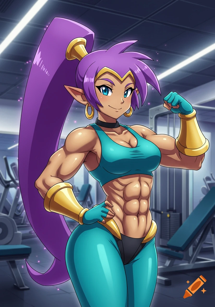 Shantae, an anime-style genie with purple hair, flexes her muscular biceps and abs in a gym, wearing a teal sports bra and leggings.