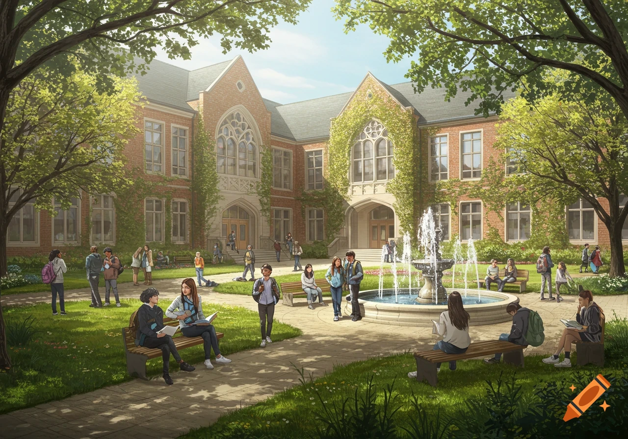 An illustration of a vibrant school campus with students walking and sitting by a fountain and large brick building.