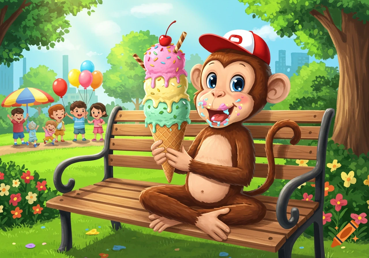 A cheerful cartoon monkey with a red hat sits on a park bench, eating a large, colorful ice cream cone, with kids playing in a sunny park.
