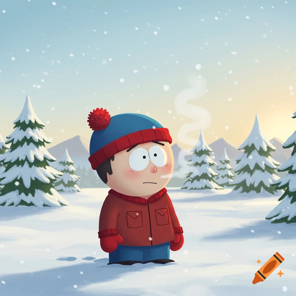 Cartoon character Stan Marsh stands in a snowy winter forest, steam coming from his mouth.