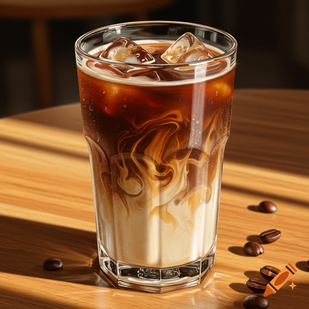 A photorealistic iced coffee in a glass with cream swirls on a wooden table, scattered with coffee beans.