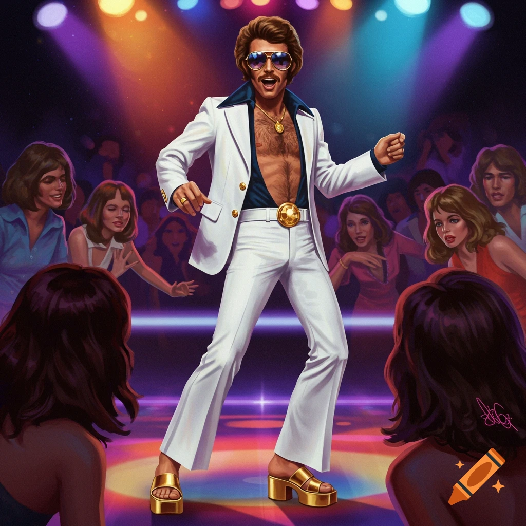 A stylized illustration of a disco king in a white suit and platform shoes dancing under colorful lights at a vibrant 70s discotheque, surrounded by admiring fans.