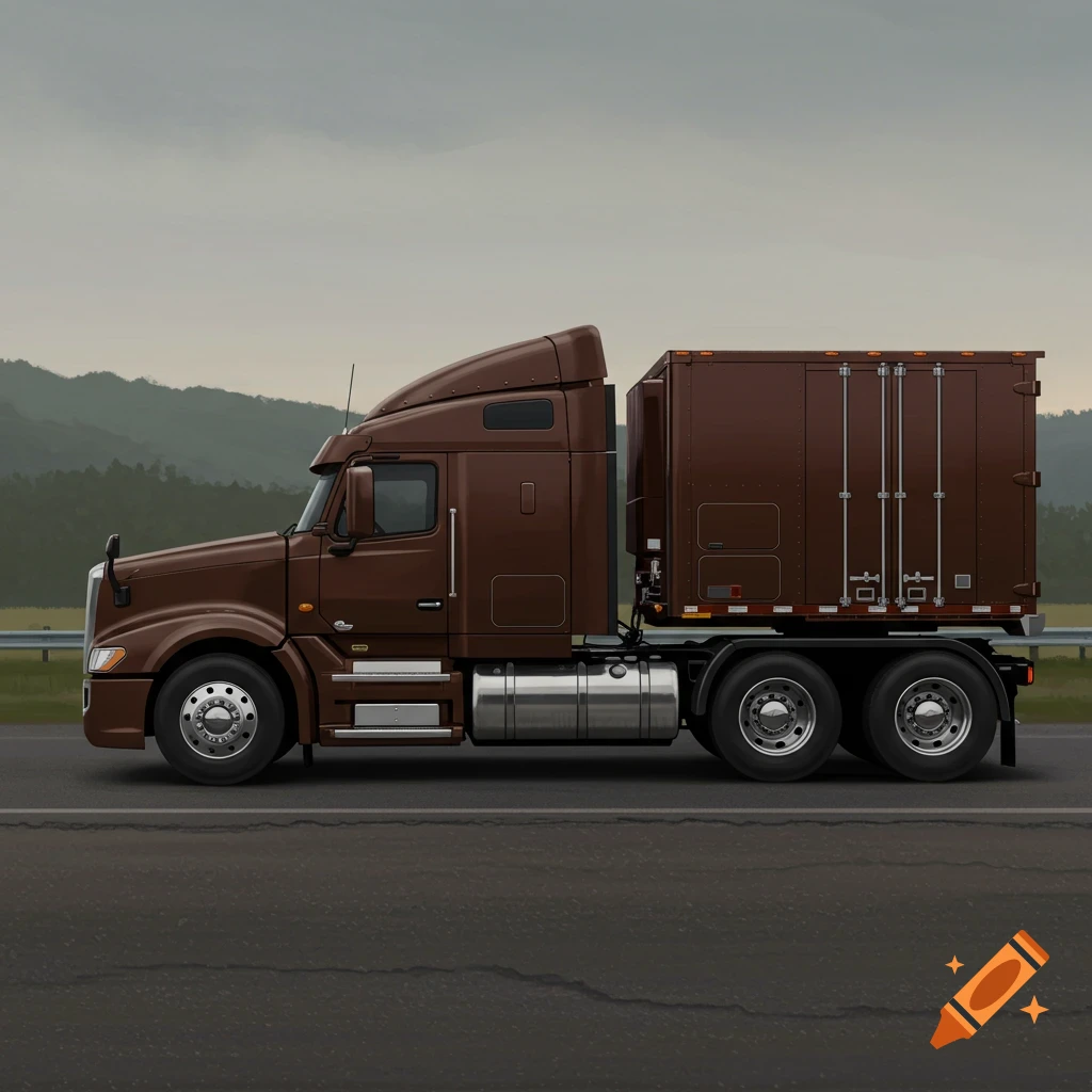 A brown semi-truck with a matching container is shown from the side, driving on a highway with distant mountains under a cloudy sky.