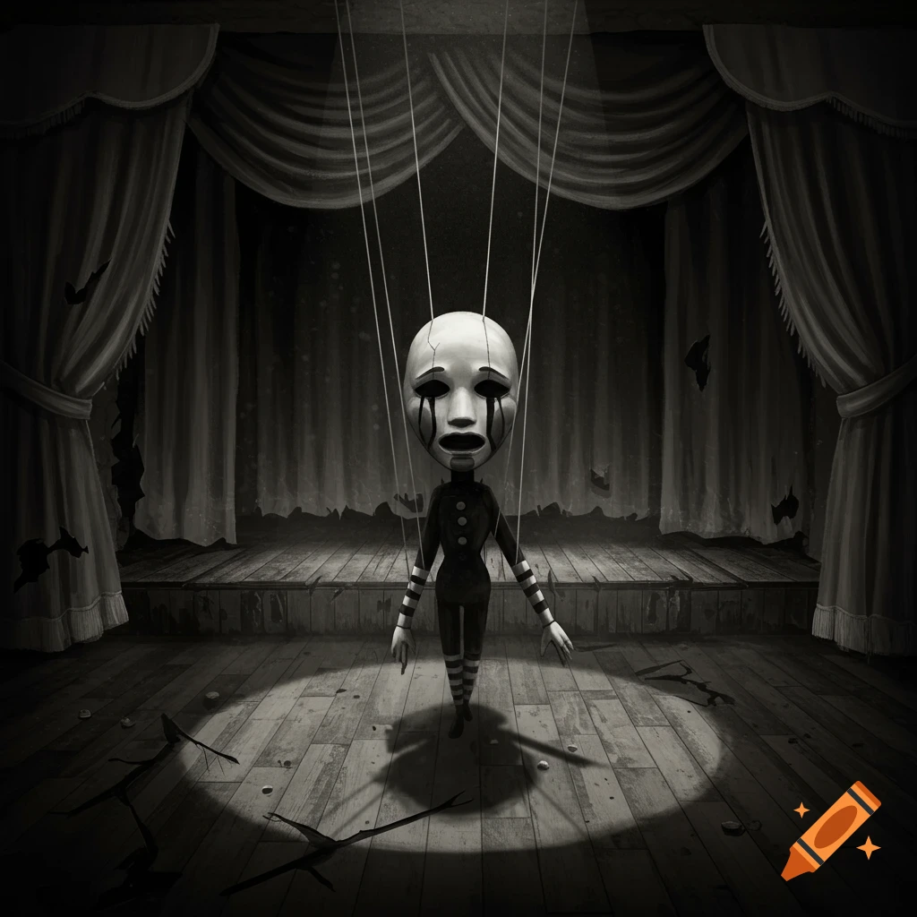A black and white image of a marionette with a crying face standing on a dark, dilapidated theater stage under a spotlight.