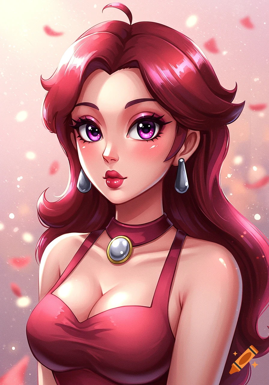 Anime portrait of Pauline from Mario, with long wavy red hair and large purple eyes, wearing a red dress.