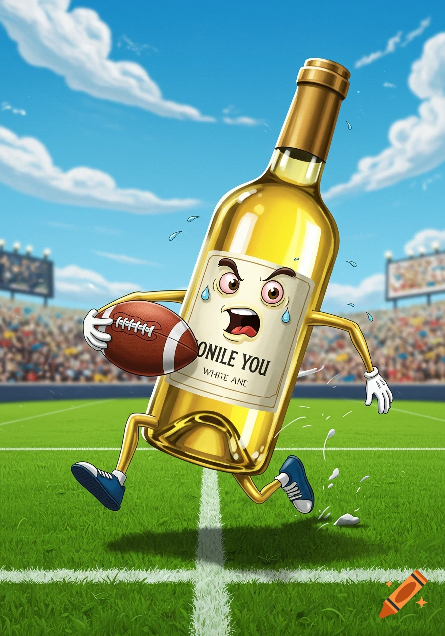 A cartoon white wine bottle with a worried face runs with a football across a green field in a stadium.