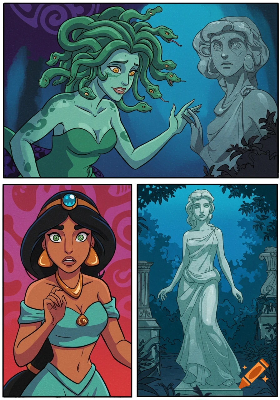 Comic book art showing Medusa looking at a stone statue and Princess Jasmine looking surprised, with another panel of Jasmine as a stone statue.