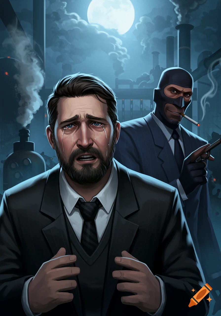 Digital illustration of a scared, crying bearded man, with the Team Fortress 2 Spy holding a gun behind him under a full moon.