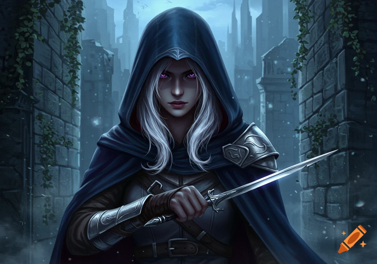 A silver-haired female assassin with glowing purple eyes in a dark hood and armor, holding a dagger in a misty city.