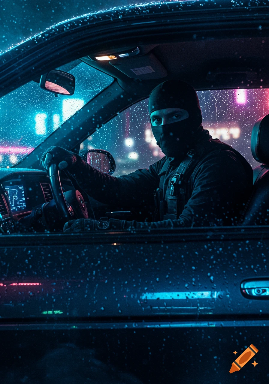 A man in a balaclava drives a car through a rainy cyberpunk city at night, lit by neon signs.