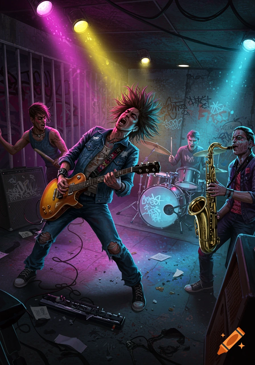 An energetic punk rock band performs in a dark, graffiti-covered room, illuminated by vibrant pink, yellow, and blue stage lights. The lead guitarist with spiked hair shreds in the foreground, while a drummer and saxophonist play in the background.