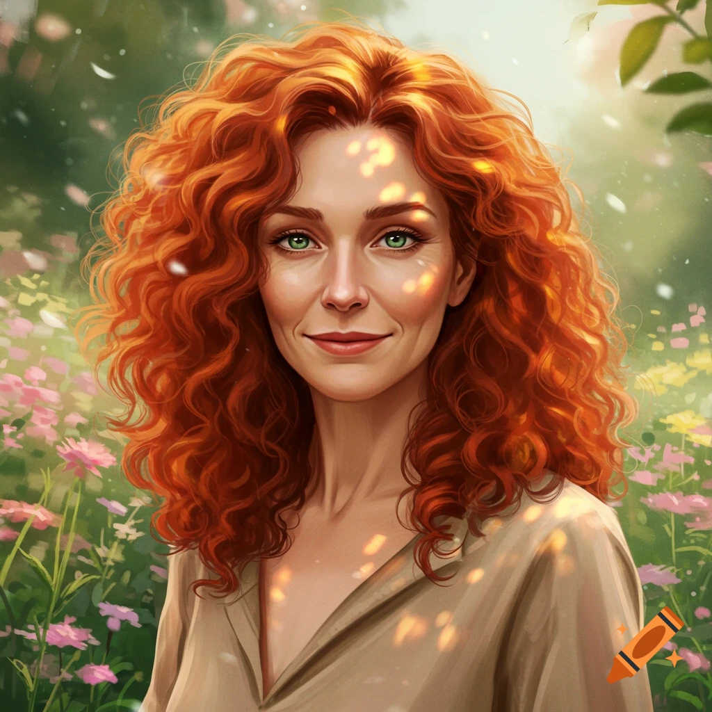 A portrait of a middle-aged woman with vibrant curly red hair and striking green eyes, smiling gently in a sun-dappled field of colorful wildflowers.