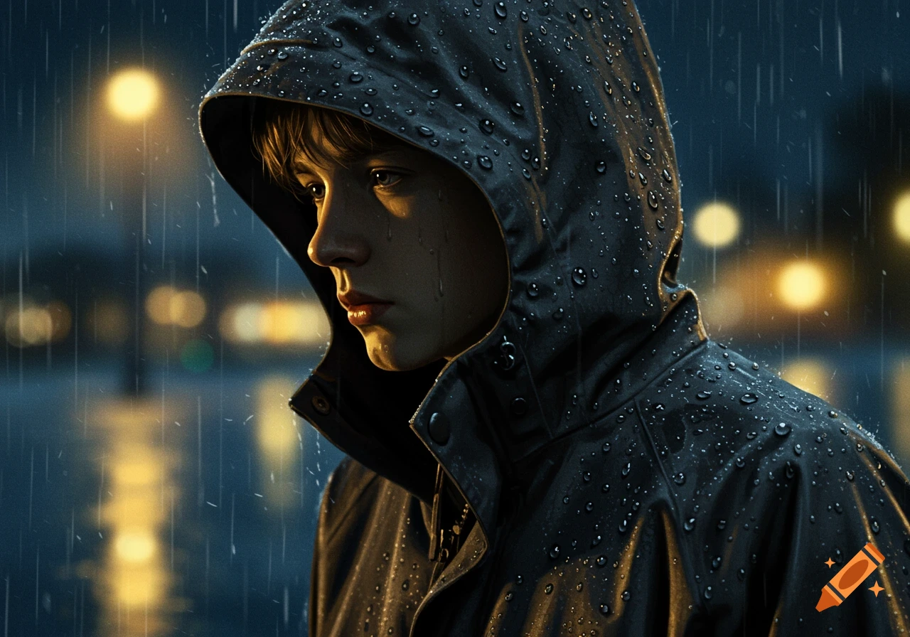 A close-up photorealistic portrait of a young person in a dark raincoat with the hood up, covered in rain droplets, under streetlights at night.