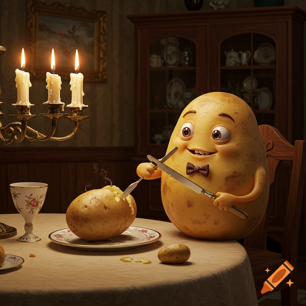A smiling anthropomorphic potato with a bow tie prepares to eat a steaming baked potato at a candlelit dinner table.