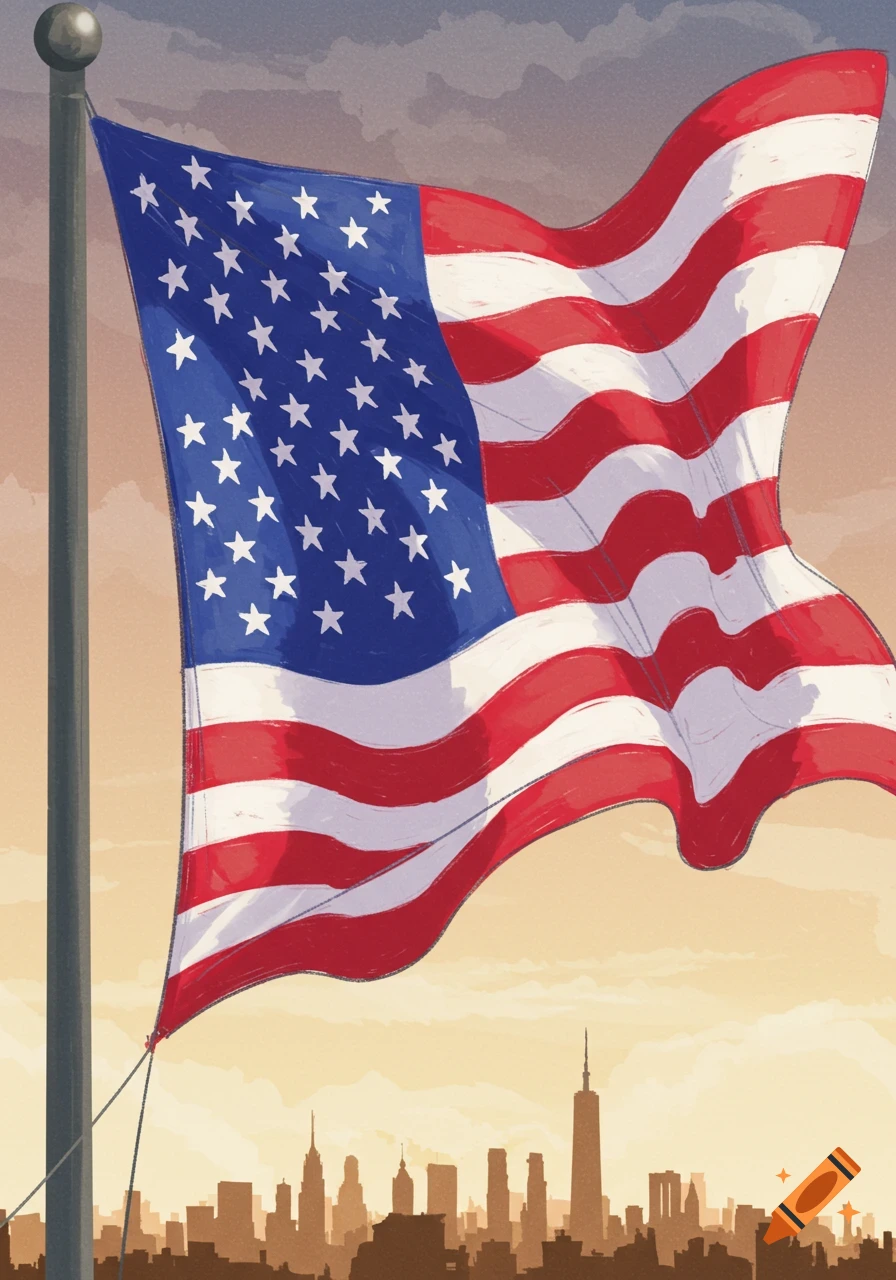 An American flag waves above a city skyline at sunset in a hand-drawn illustration style.