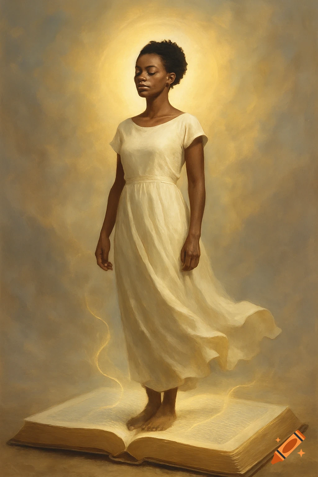 A serene Black woman with a glowing halo stands barefoot on an open book, rendered in a painterly style.