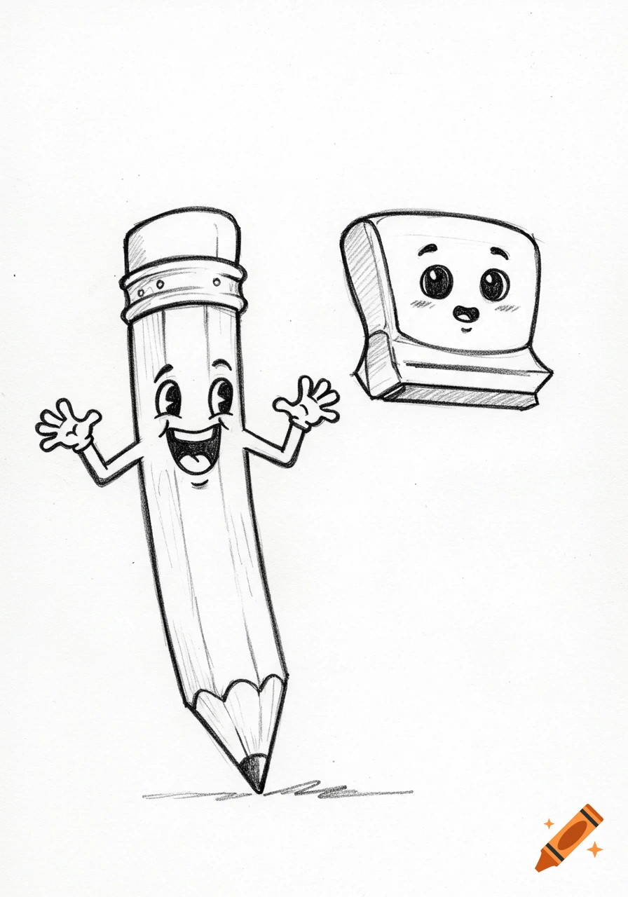 Black and white cartoon sketch of a happy pencil character with arms outstretched and a cute eraser character floating nearby.
