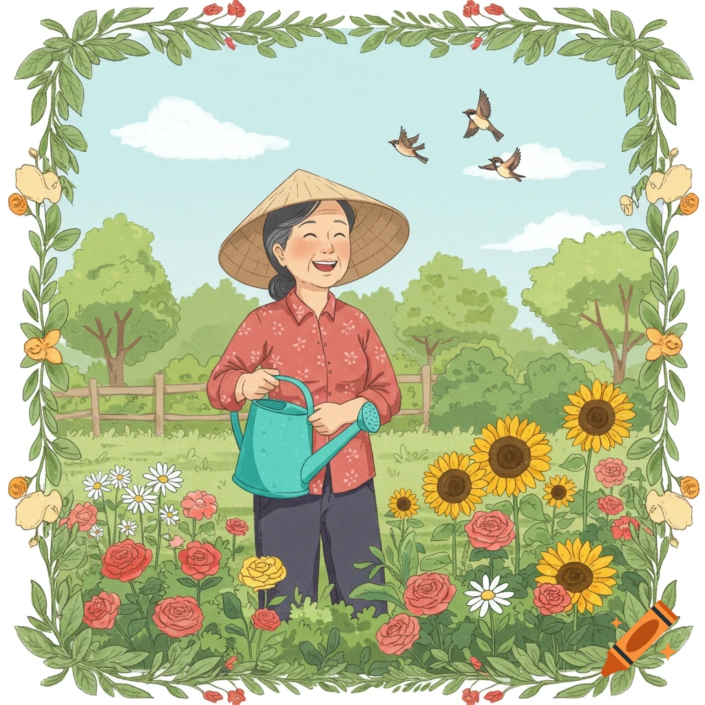 A happy Asian woman in a straw hat waters a vibrant garden filled with sunflowers and roses, framed by a leafy border, cartoon style.