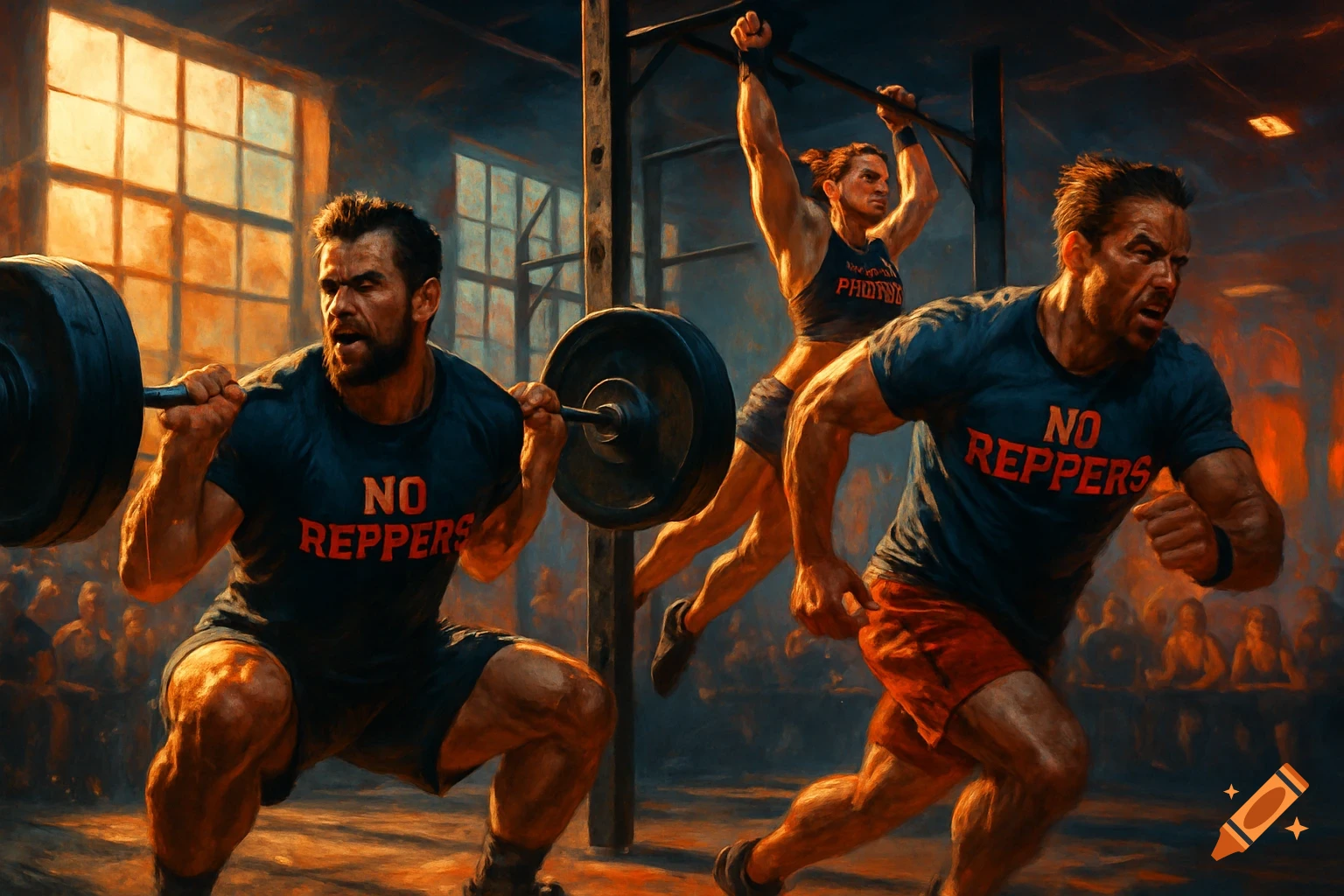 Three muscular athletes in a dynamic CrossFit competition, one squatting with a barbell, another running, and a woman doing pull-ups, in a painterly style.
