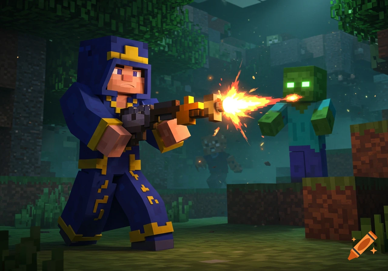 A Minecraft wizard in blue robes shoots a gun with a fiery muzzle flash at a green zombie in a dark, blocky forest.