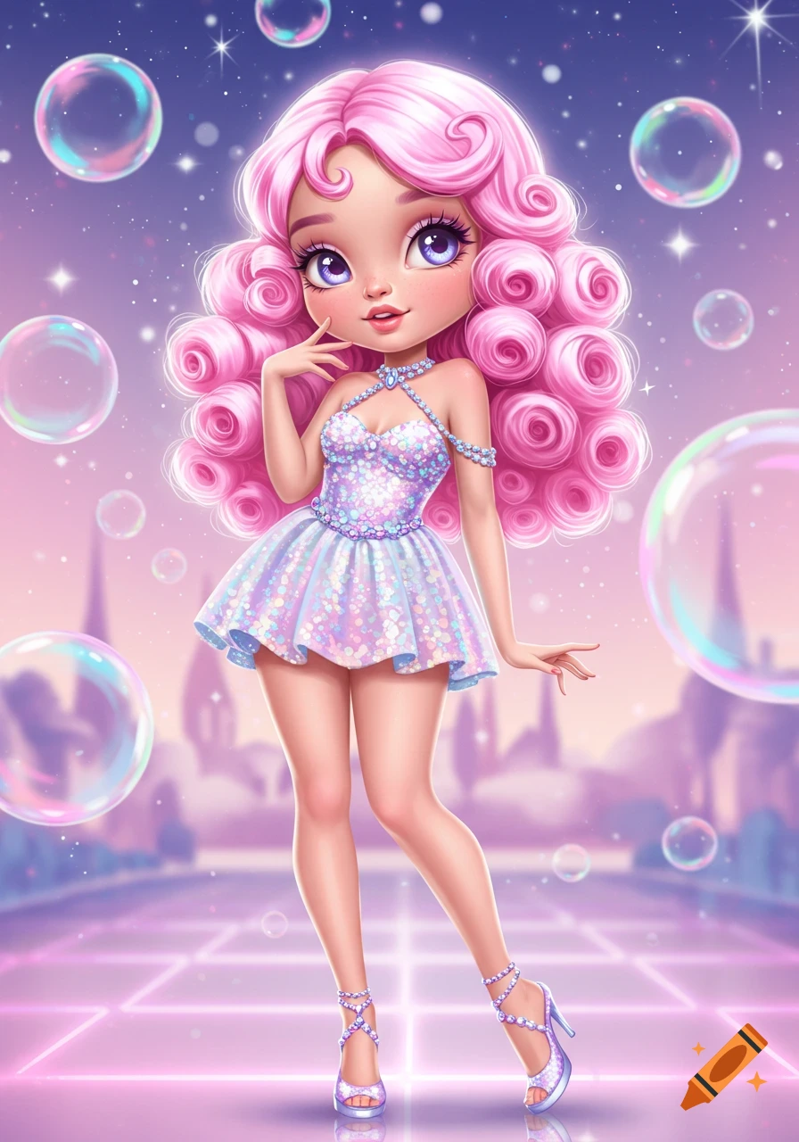 A cute cartoon girl with pink curly hair, big eyes, and a sparkling iridescent dress, standing on a glowing platform with bubbles and stars.