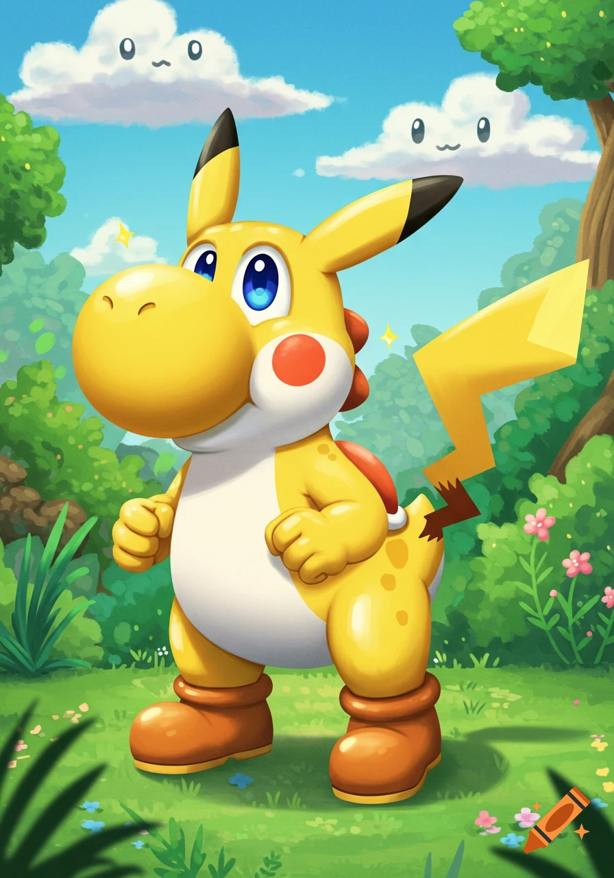 A cute yellow Yoshi and Pikachu hybrid character with blue eyes and brown boots stands in a lush green forest with cartoon clouds.