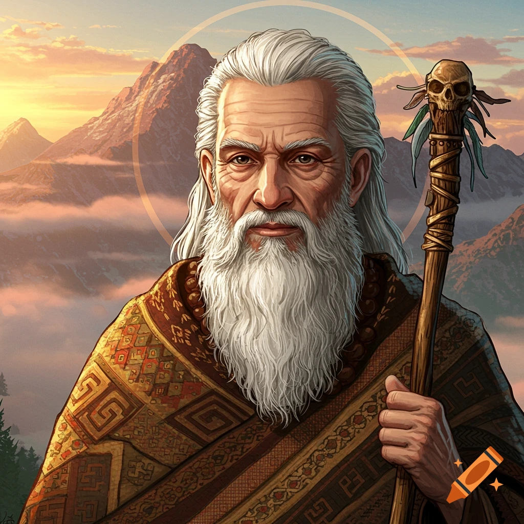 Illustrated portrait of an old man with a long white beard, a patterned cloak, and a skull-topped staff, with mountains at sunset.