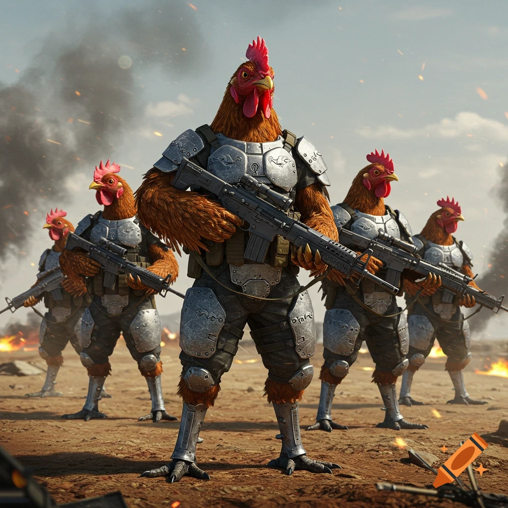 Five armored, anthropomorphic chickens holding rifles stand on a war-torn battlefield with smoke.