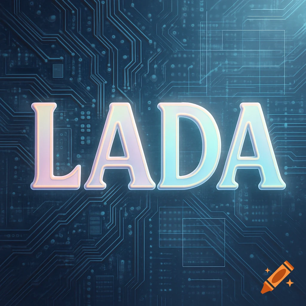 The word LADA in pastel, glowing 3D letters over a blue circuit board background.