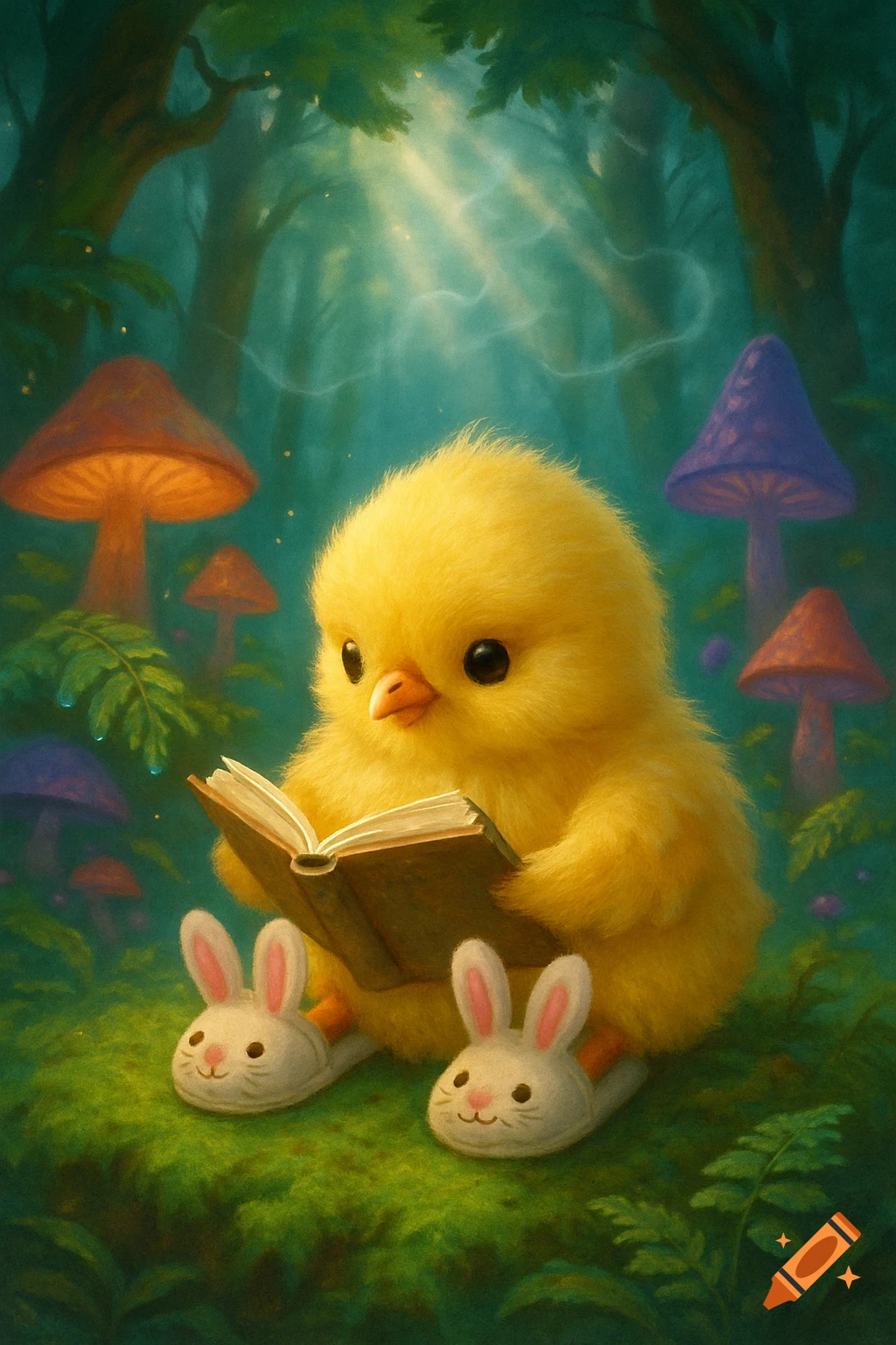 A soft cute yellow chick wearing bunny slippers reads a book in a colorful magical forest with glowing mushrooms and dappled sunlight.