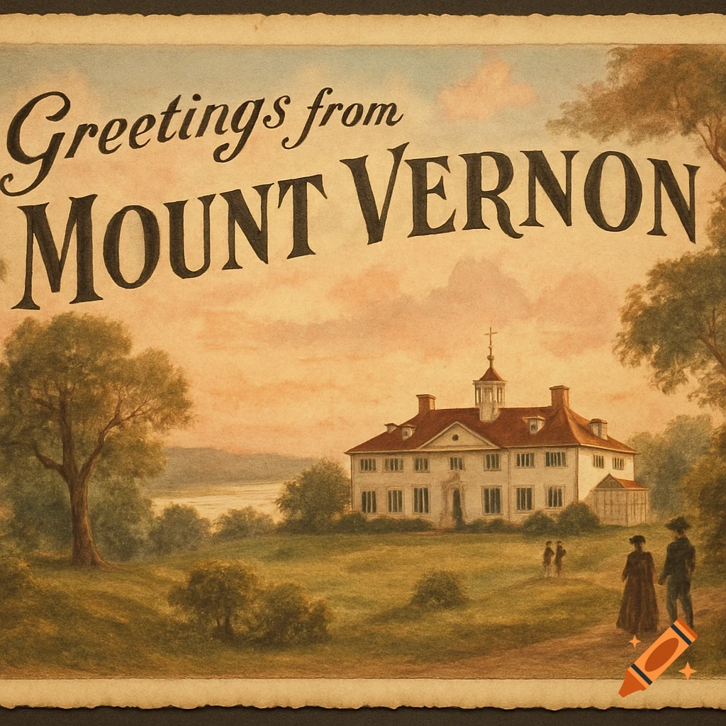 Vintage postcard depicting Mount Vernon mansion with the text "Greetings from Mount Vernon" in a picturesque landscape.