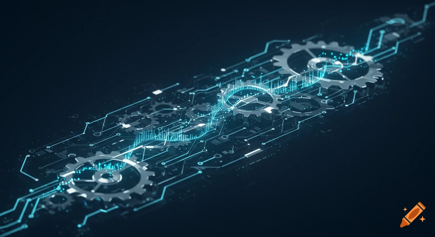 Abstract digital art featuring glowing blue circuits, interconnected gears, and data streams on a dark background.