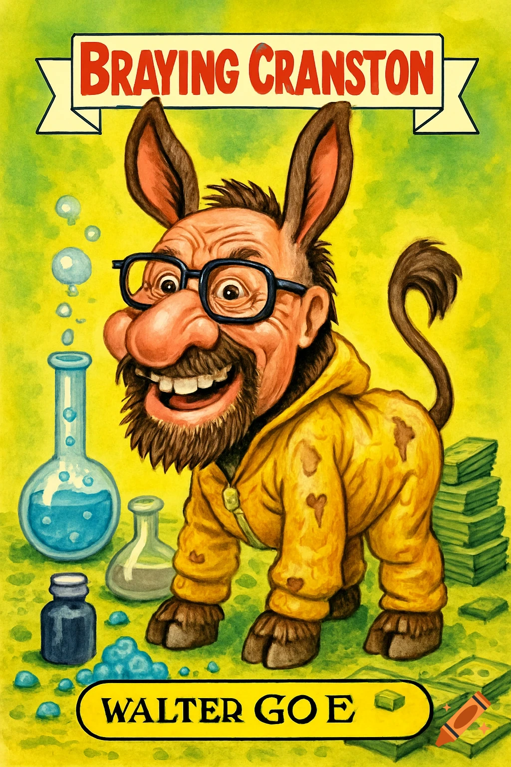 Cartoon caricature of Bryan Cranston as a donkey in a yellow hazmat suit, surrounded by beakers and money. Text reads "Braying Cranston" and "Walter Go E".