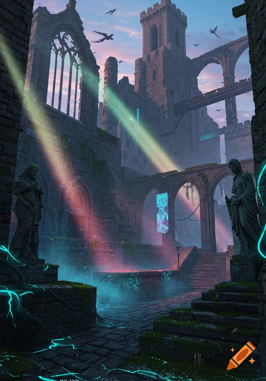 A vibrant, atmospheric fantasy scene of ancient stone ruins glowing with blue and pink light, with birds flying under a twilight sky.