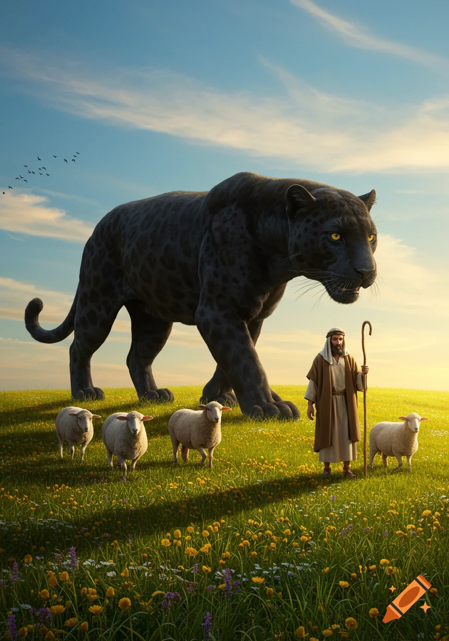 A huge black panther walks in a sunny, flower-filled field with a robed shepherd and four sheep under a blue sky.