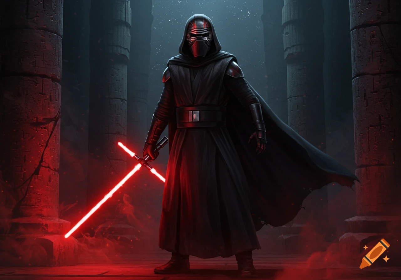 A masked, armored figure resembling Kylo Ren stands in a dark temple, holding a glowing red crossguard lightsaber.