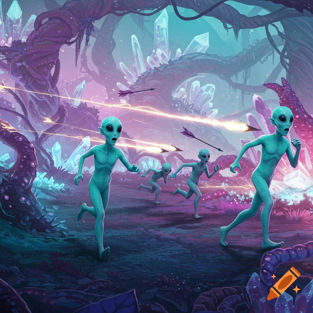 Scared turquoise aliens run from flying arrows through a glowing crystal forest.
