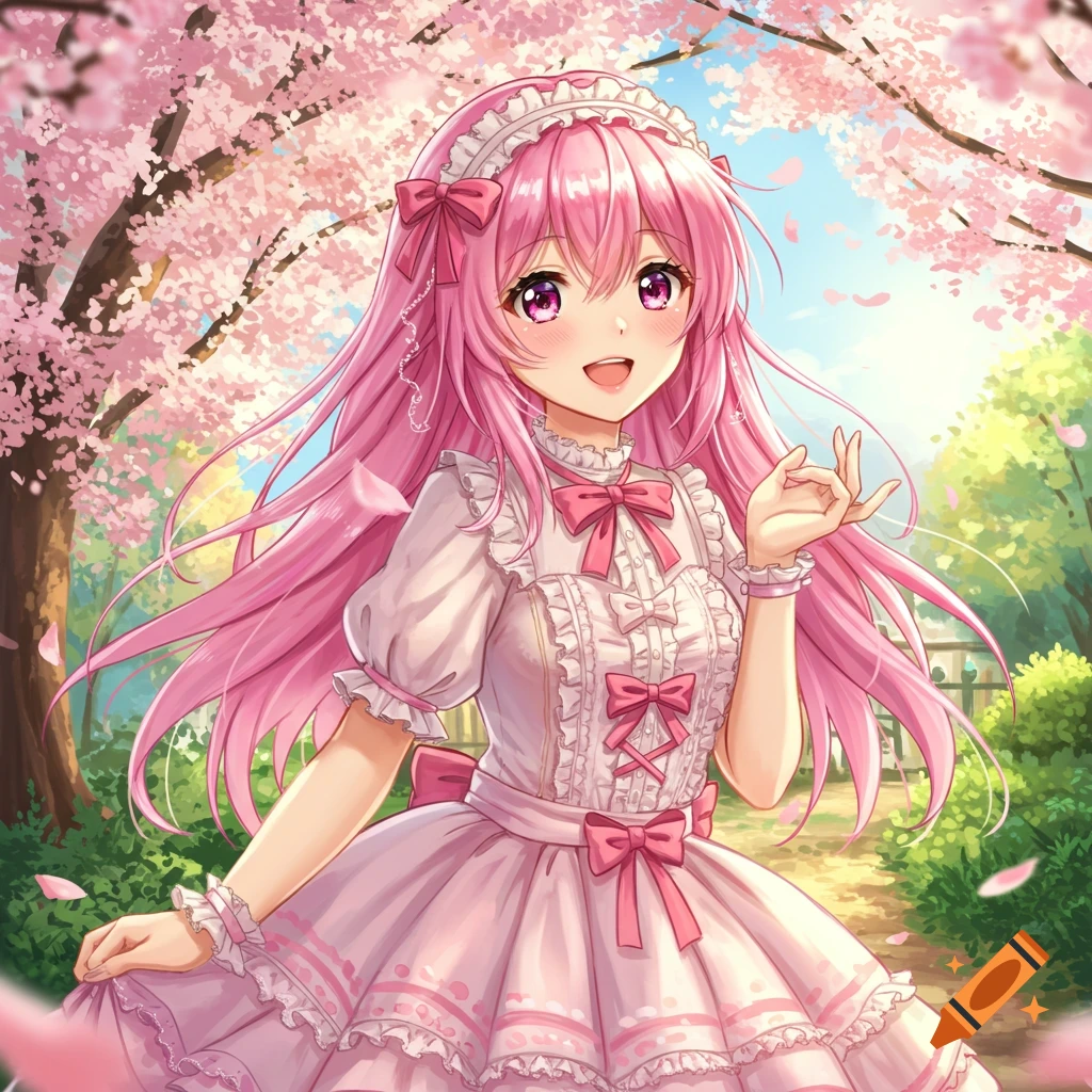 Smiling anime girl with long pink hair and a frilly dress, walking through a cherry blossom park.