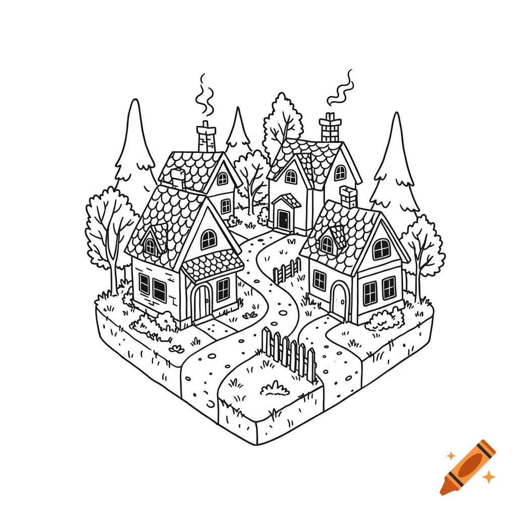Black and white isometric line art of a tiny village with several houses, trees, and a winding path.