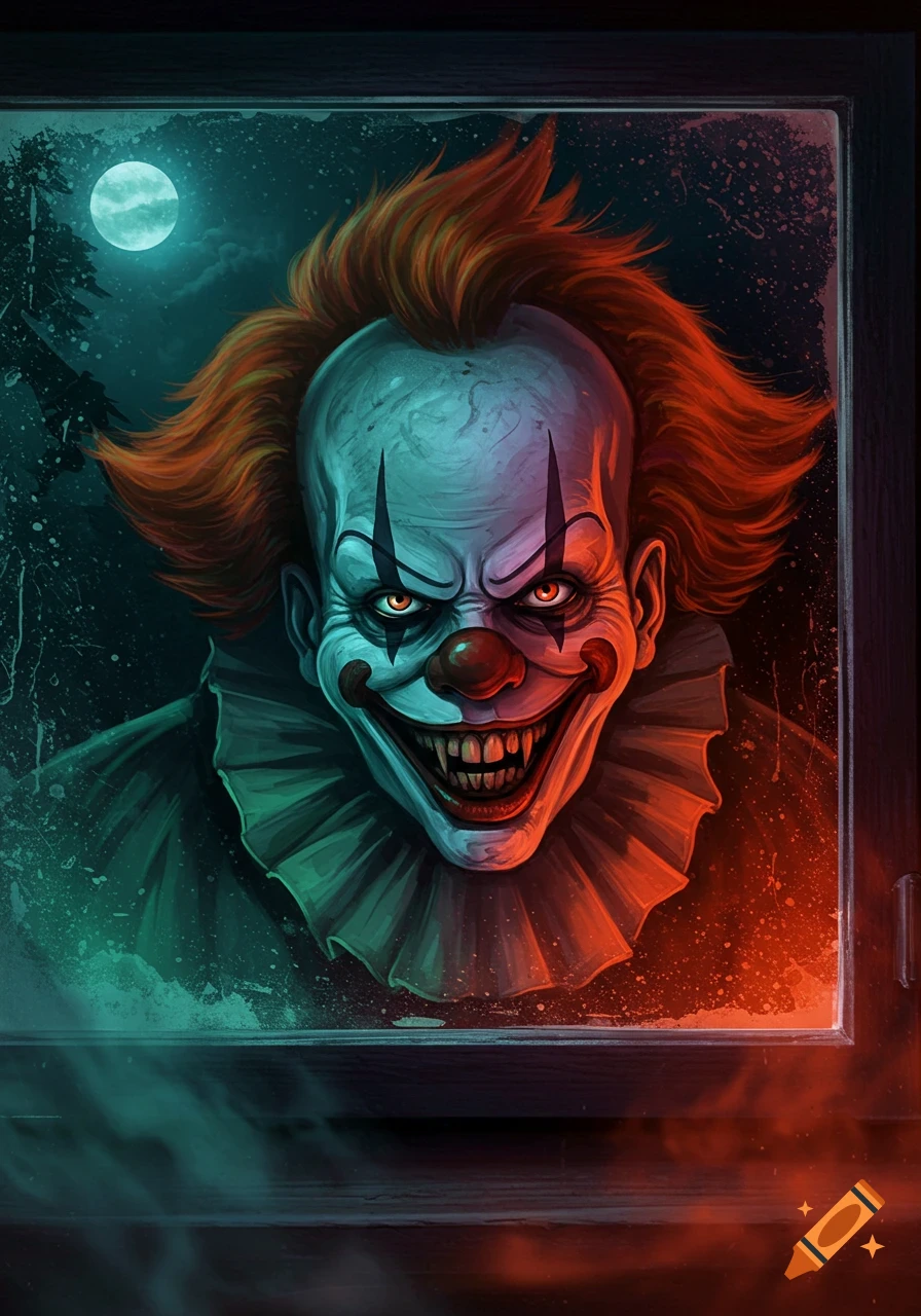 A creepy, smiling clown with sharp teeth and red hair looks through a grimy window at night, in a dramatic, colorful illustration.
