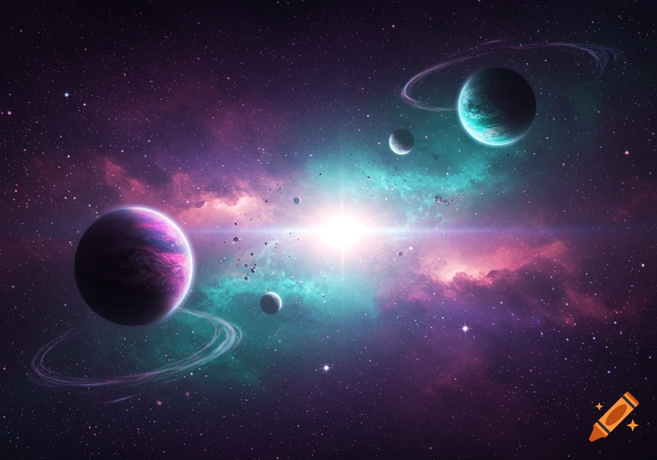 A vibrant space scene with a bright central star, colorful purple and teal nebulas, multiple planets with rings, and asteroids.