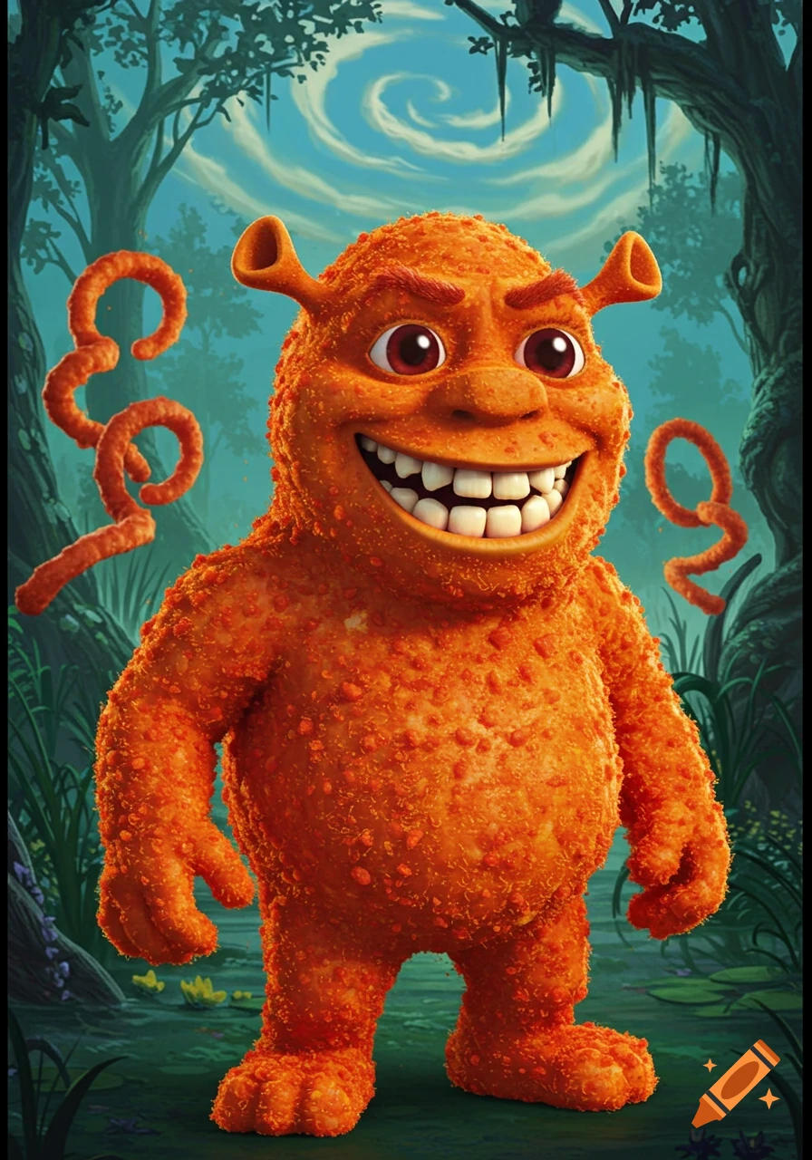 An orange, Cheeto-textured Shrek-like monster with a wide grin stands in a lush green swampy forest.